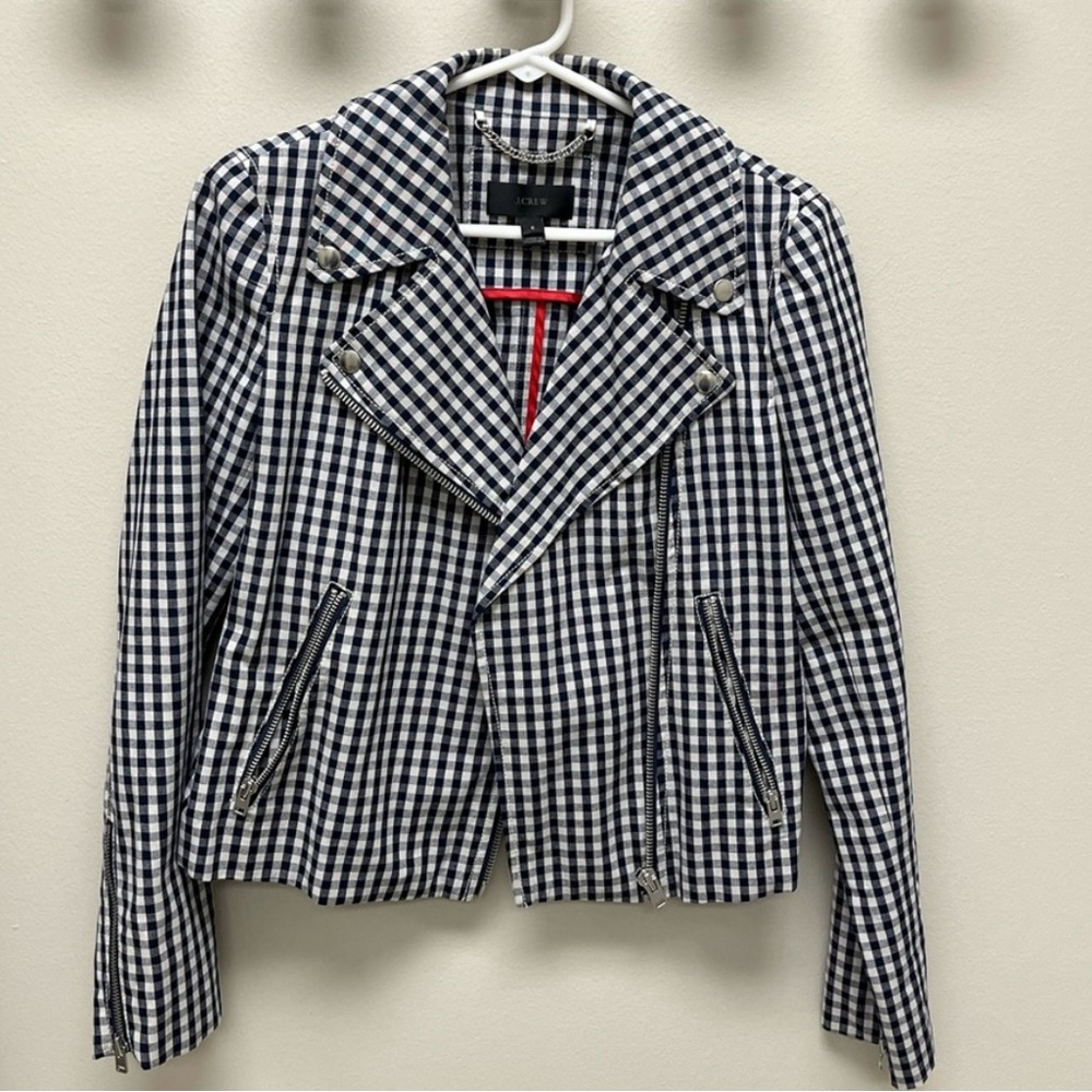 J. Crew navy blue white gingham checkered biker motorcycle jacket blazer